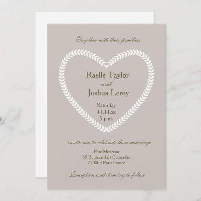 Heart shaped White Grey Taupe wedding invitation (Front/Back)