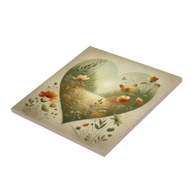 Heart Shaped Wildflower Meadow Botanical Nature Tile (Side)