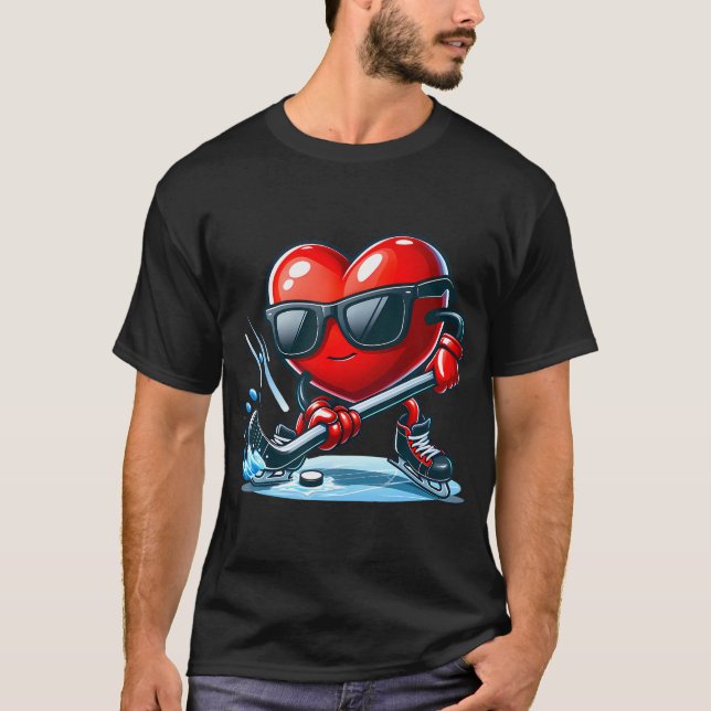 Heart Showing Hockey Skills Valentines Day Men Wom T-Shirt (Front)