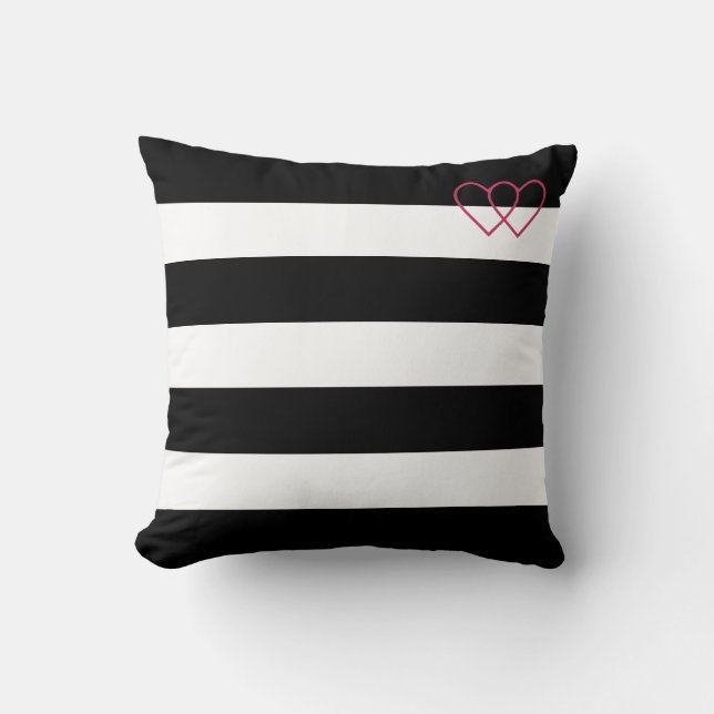 Heart silhouettes on black & white striped throw pillow (Front)