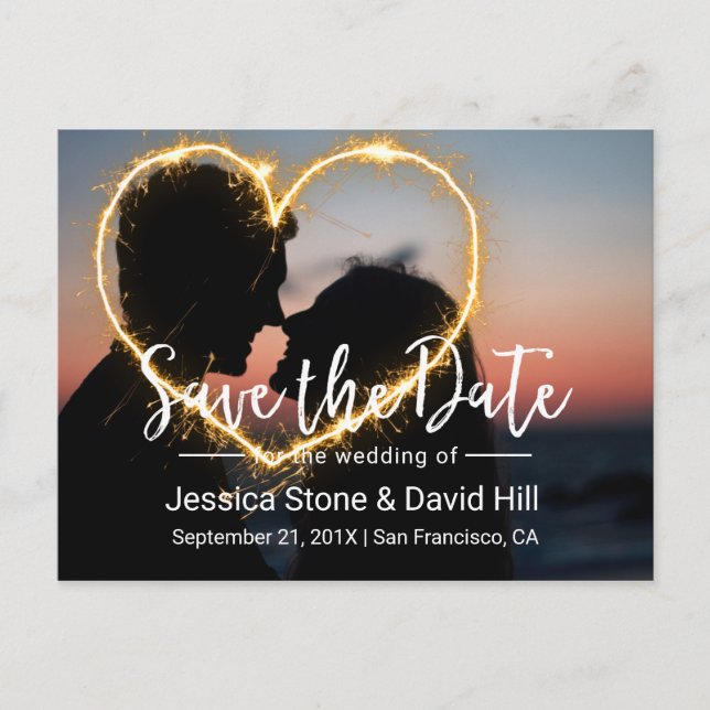 Heart Sparkler Wedding Photo Save the Date Announcement Postcard (Front)