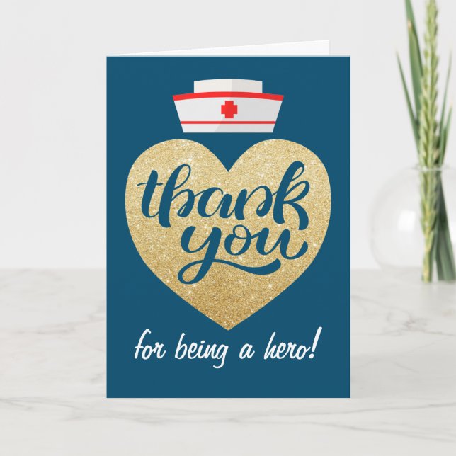 Heart Stethoscope Blue Gold Nurse Thank You Card (Front)