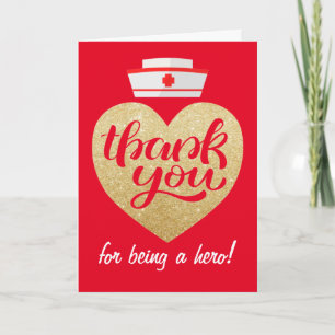 Heart Stethoscope Red Gold Nurse Thank You Card