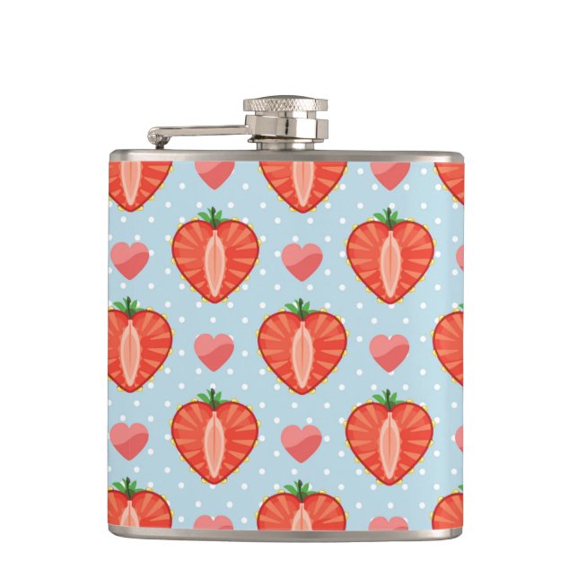 Heart Strawberries with Polka Dots And Hearts Hip Flask (Front)