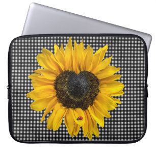 Heart Sunflower and Ladybug on Gingham Laptop Sleeve