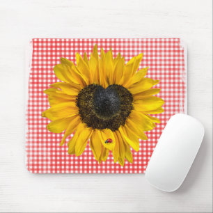 Heart Sunflower and Ladybug on Gingham Mouse Pad
