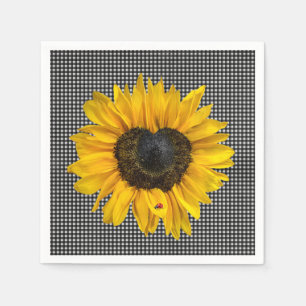 Heart Sunflower and Ladybug on Gingham Napkin