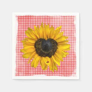 Heart Sunflower and Ladybug on Gingham Napkin