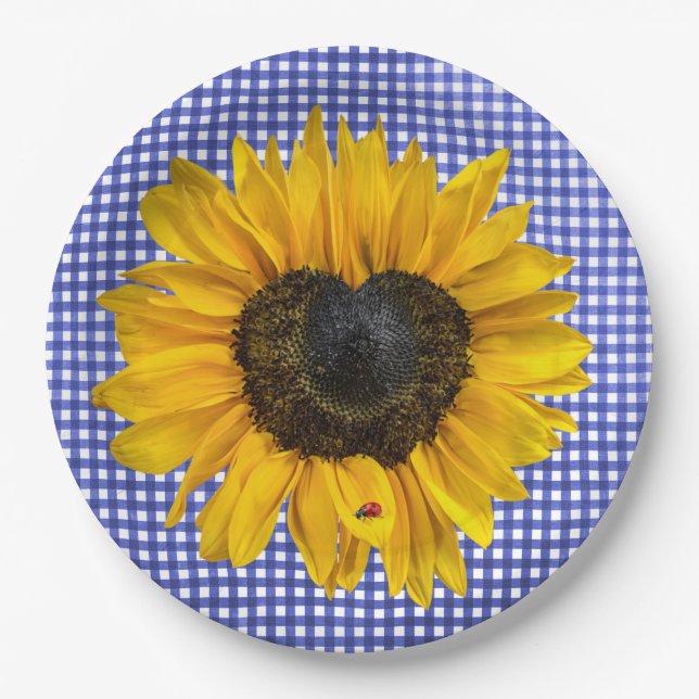 Heart Sunflower and Ladybug on Gingham Paper Plate (Front)