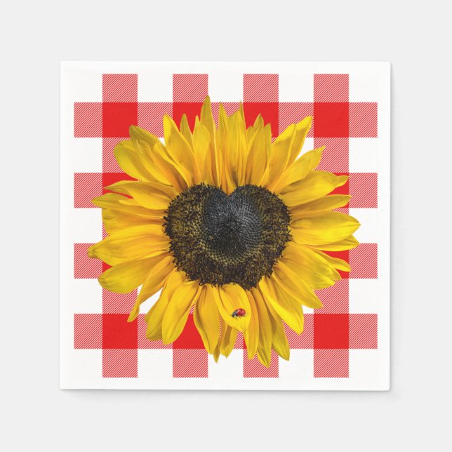 Heart Sunflower Ladybug on Buffalo Plaid  Napkin (Front)