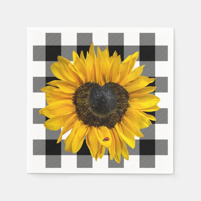 Heart Sunflower Ladybug on Buffalo Plaid  Napkin (Front)