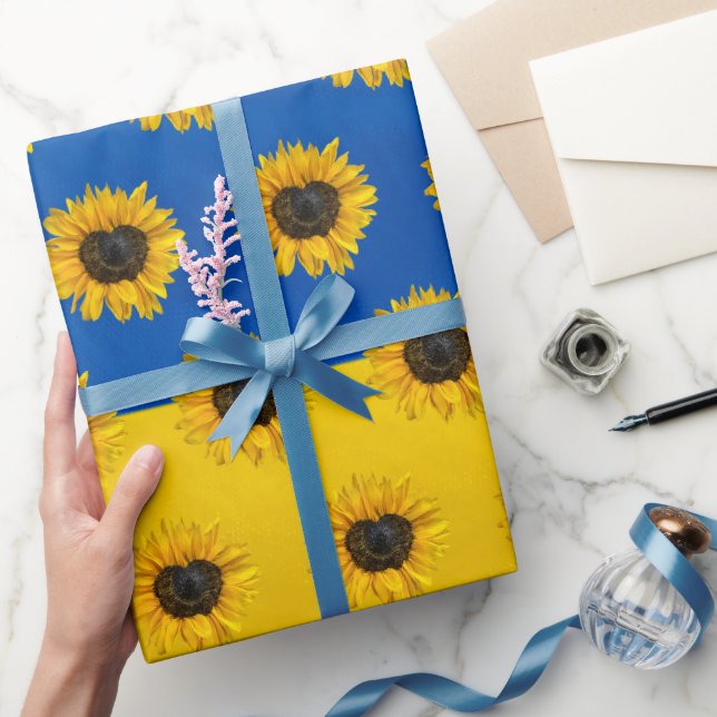 Heart Sunflower on Blue and Yellow Wrapping Paper (Gifting)