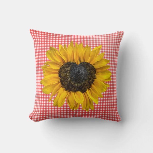 Heart Sunflower on Gingham Throw Pillow (Front)