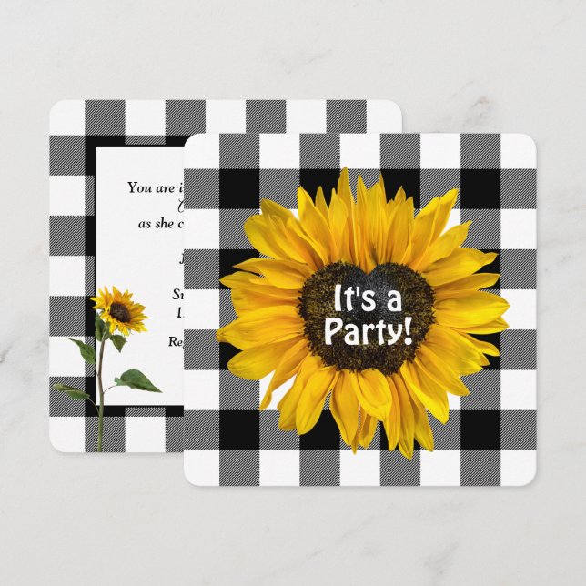 Heart Sunflower on Plaid Birthday Party Invitation (Front/Back)