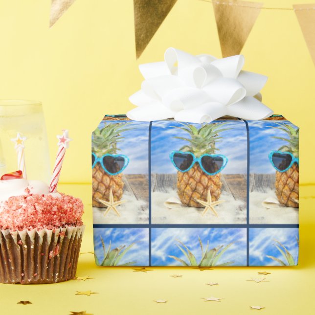 Heart Sunglasses on Pineapple Wrapping Paper (Birthday Party)