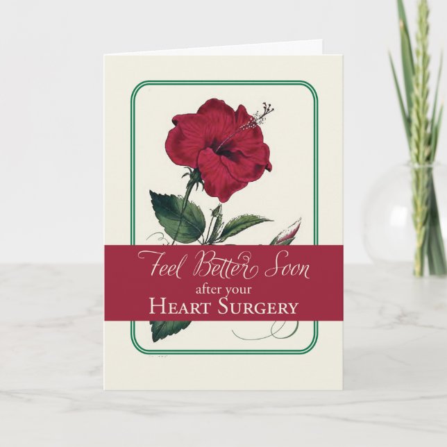 Heart Surgery Feel Better, Red Hibiscus Flower Holiday Card (Front)