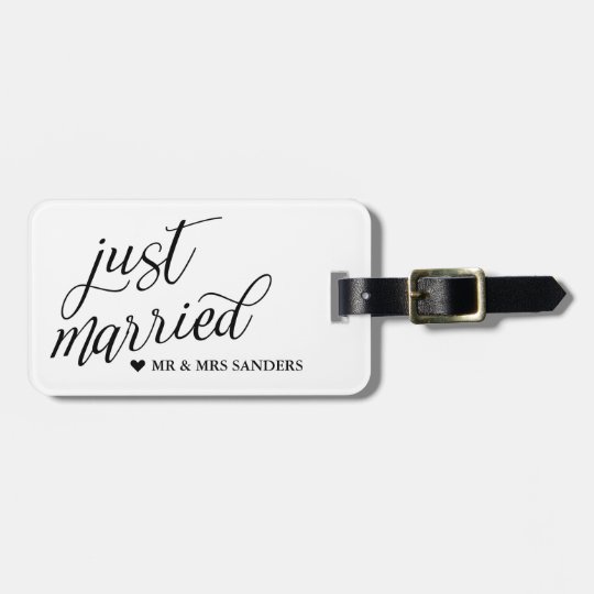 Heart & Swirly Script Just Married Luggage Tag