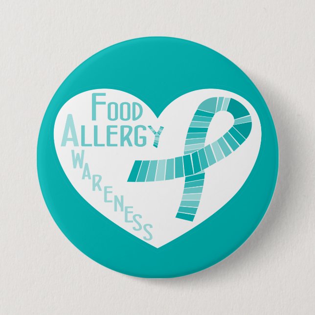 Heart Teal Ribbon Food Allergy Awareness 3 Inch Round Button (Front)
