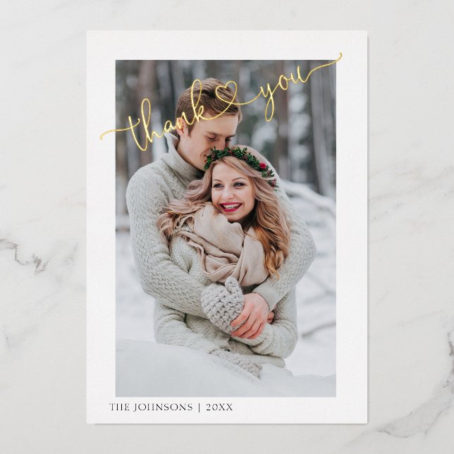 Heart Thank You Gold Calligraphy 2 Photo Foil Holiday Card (Front)