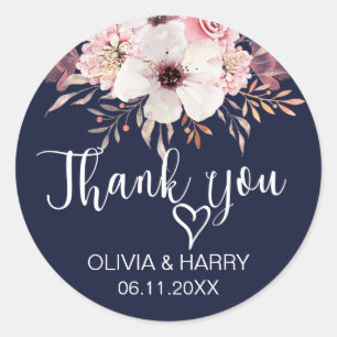 Heart Thank You Wedding Favour Stickers   Navy Blu