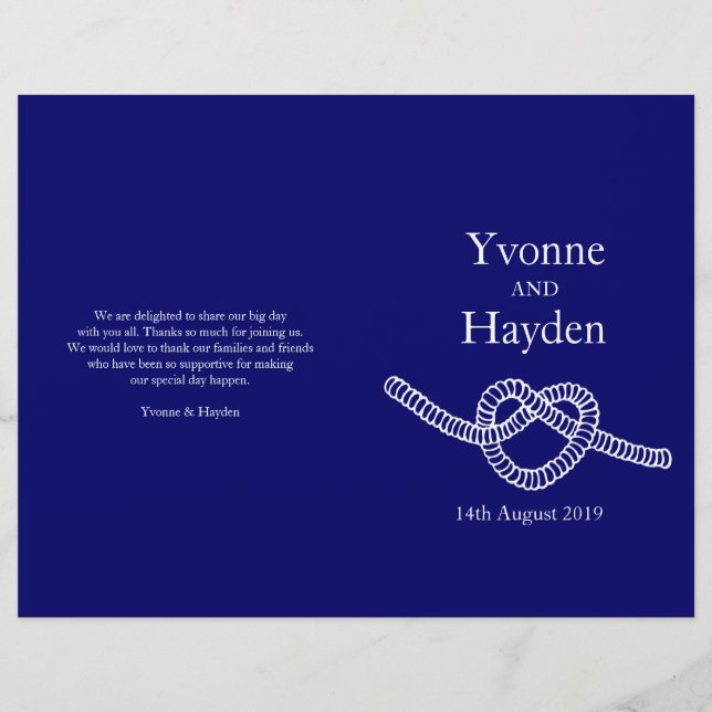 Heart tie the knot dark blue wedding programs (Front)