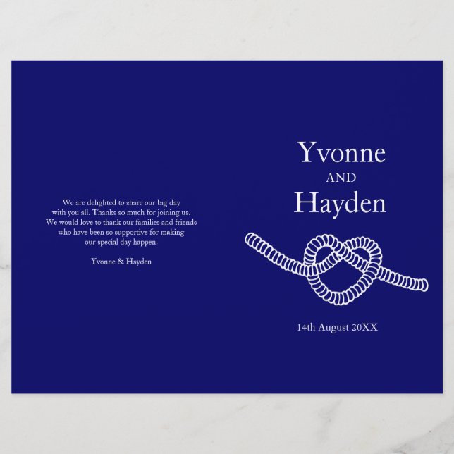 Heart tie the knot dark blue wedding programs (Front)