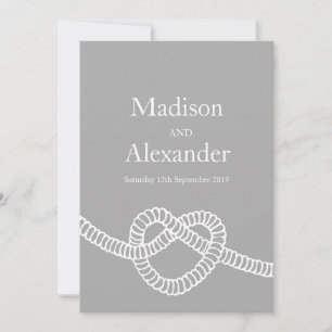 Heart tie the knot wedding grey white invitation