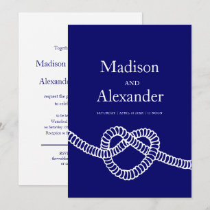 Heart tie the knot wedding navy blue white invitation