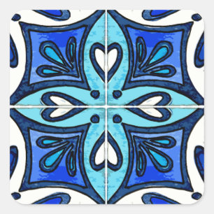 Heart Tiles Inspired by Portuguese Azulejos Blue Square Sticker