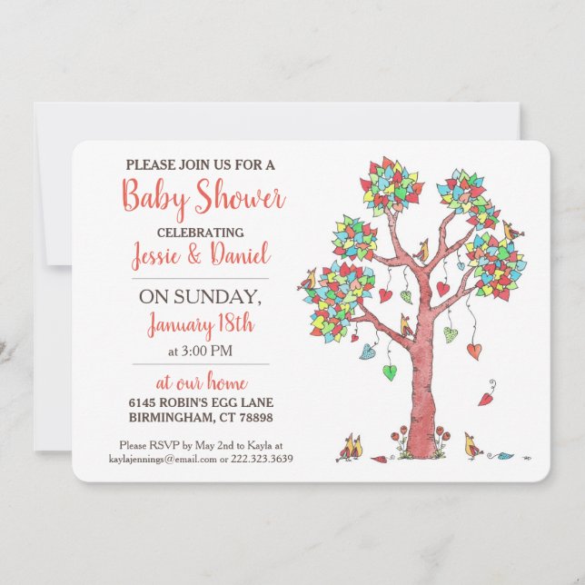 Heart Tree and Birds Gathering Fun Baby Shower Invitation (Front)