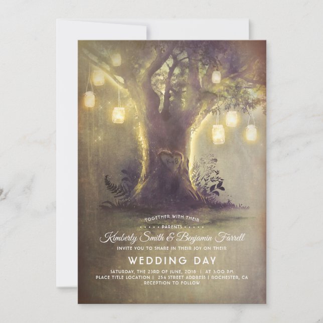 Heart Tree Mason Jar Lights Rustic Country Wedding Invitation (Front)