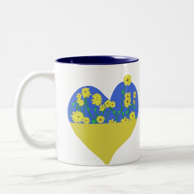 Heart Ukraine Flag With Sunflowers Two-Tone Coffee Mug (Left)