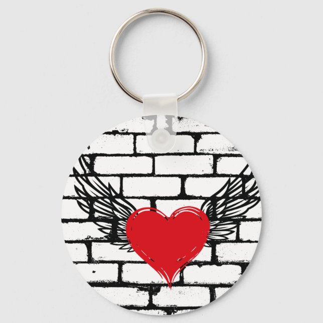 Heart W/ Wings on brick wall.  Keychain (Front)