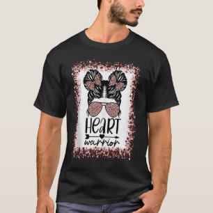 Heart Warrior Messy Bun Leopard Heart Disease Awar T-Shirt