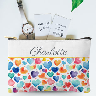 Heart Watercolor Colorful Cute Love Custom Name  Accessory Pouch