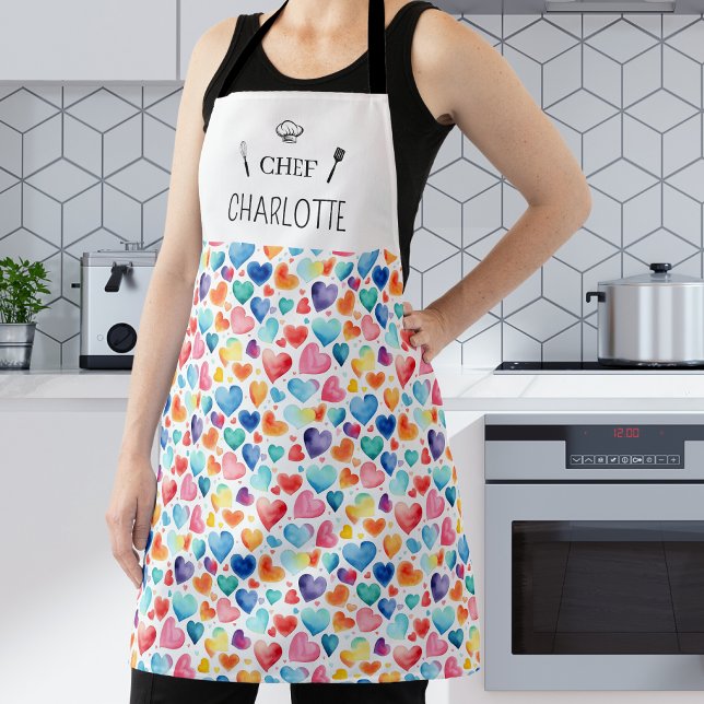 Heart Watercolor Colourful Cute Love Custom Name Apron (Creator Uploaded)