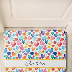 Heart Watercolor Colourful Cute Love Custom Name  Bath Mat