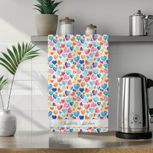 Heart Watercolor Colourful Cute Love Custom Name Kitchen Towel
