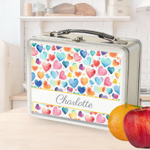 Heart Watercolor Colourful Cute Love Custom Name  Metal Lunch Box