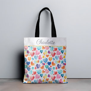Heart Watercolor Colourful Cute Love Custom Name Tote Bag