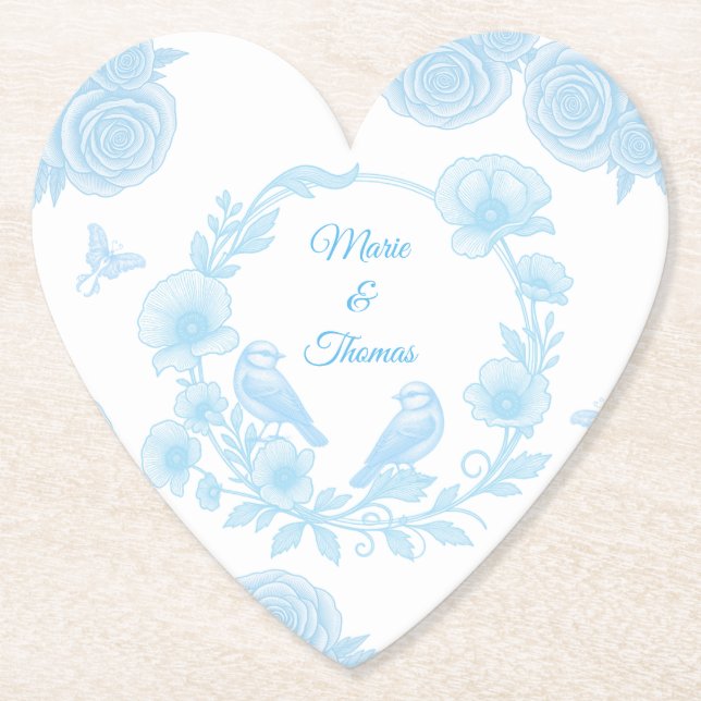 Heart Wedding 💙 Personalized Names Floral Paper Coaster (Front)