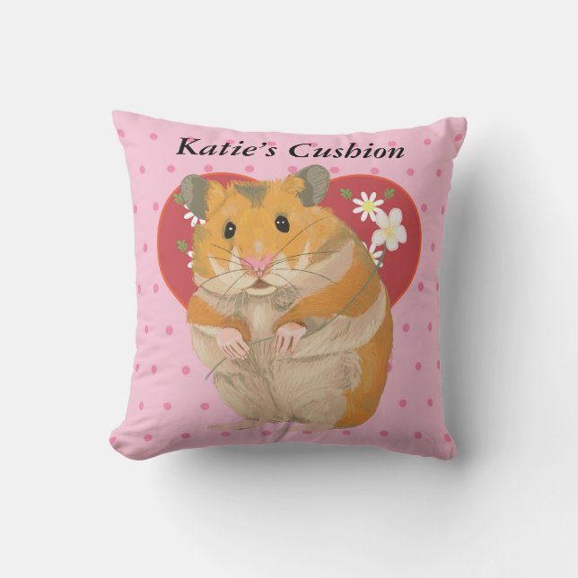 Heart with Daisies and Pink Dots Hamster Throw Pillow (Front)
