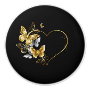 Heart with Golden Butterflies Ceramic Knob