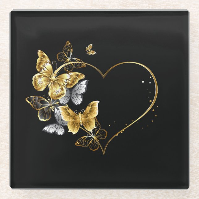 Heart with Golden Butterflies Glass Coaster (Front)