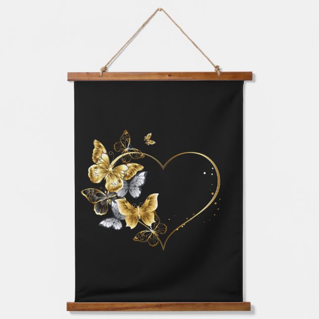 Heart with Golden Butterflies Hanging Tapestry (Front)
