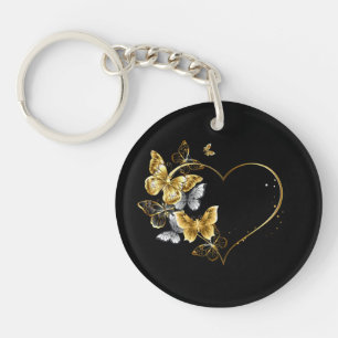 Heart with Golden Butterflies Keychain