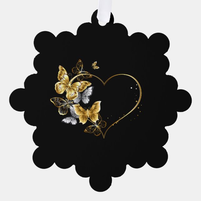 Heart with Golden Butterflies Ornament Card (Front)