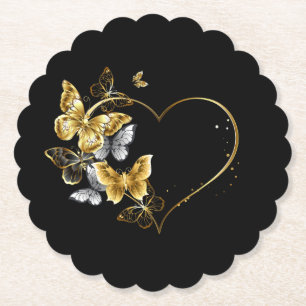 Heart with Golden Butterflies Paper Coaster