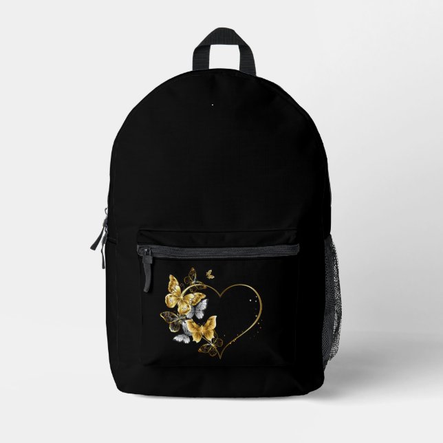 Heart with Golden Butterflies Printed Backpack (Front)