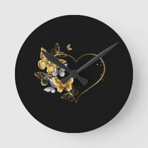 Heart with Golden Butterflies Round Clock